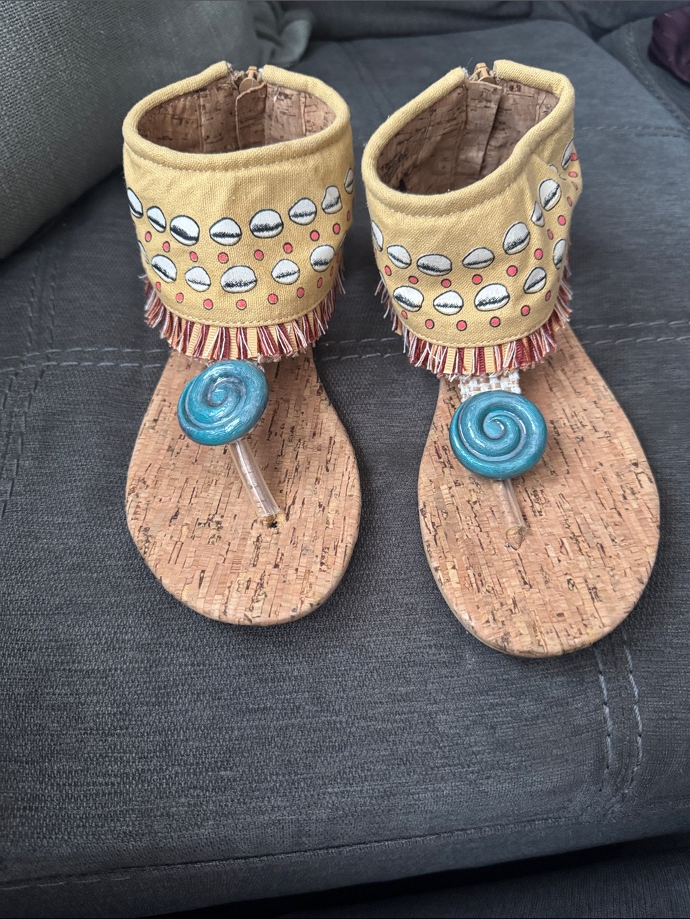 Disney Moana - Yellow Fringe Cork Sandals with Teal Spiral Charms